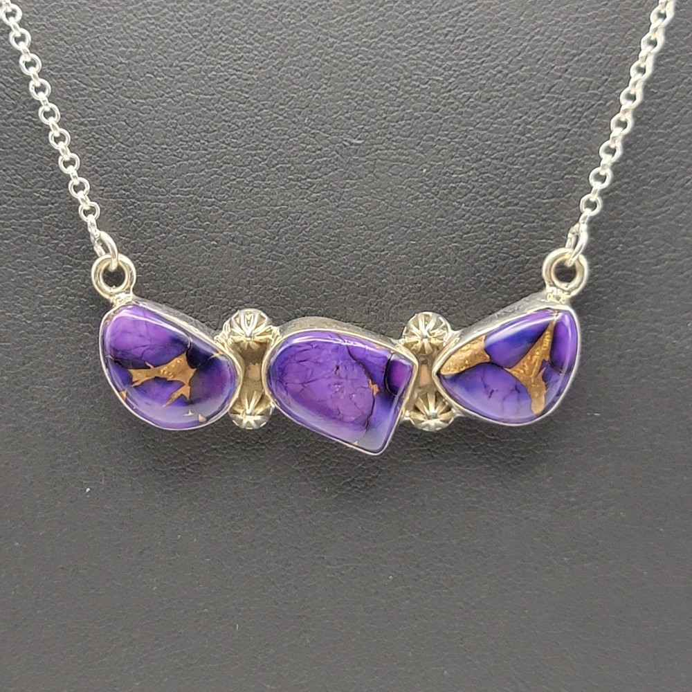 Kingman Purple Dalia Spiny Oyster Turquoise 925 Sterling Silver 20" Bar Necklace